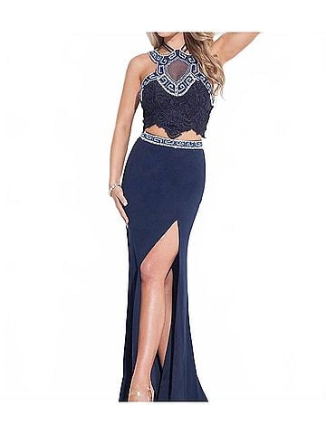 Rachel Allan Lace Jersey Two-Piece Gown in Navy (view 2)