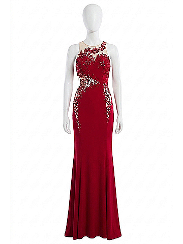 Rachel Allan Lace Applique On A Fitted Jersey Prom Gown in Red (view 1)