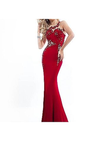 Rachel Allan Lace Applique On A Fitted Jersey Prom Gown in Red (view 2)