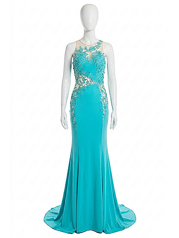 Rachel Allan Lace Applique On A Fitted Jersey Prom Gown in Turquoise (view 1)