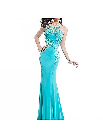 Rachel Allan Lace Applique On A Fitted Jersey Prom Gown in Turquoise (view 2)