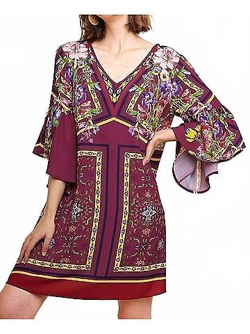 Umgee Floral Ruffle Sleeve Dress in Magenta (view 2)