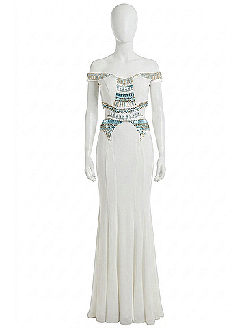 Rachel Allan Off-The-Shoulder Beaded Jersey Prom Gown in White (view 1)