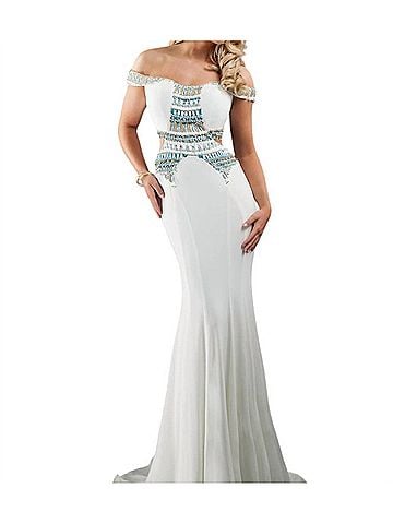 Rachel Allan Off-The-Shoulder Beaded Jersey Prom Gown in White (view 2)