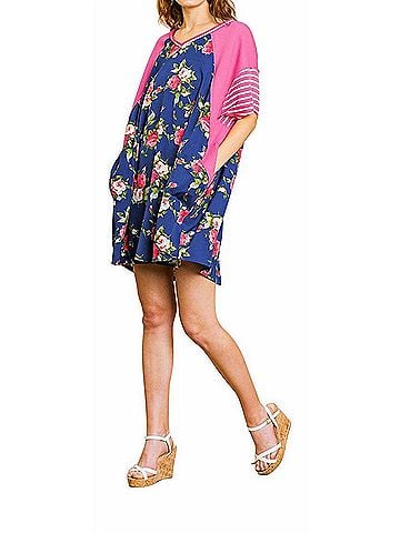 Umgee Striped & Floral Pocket Dress in Navy (view 2)