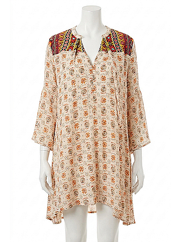 Umgee Floral Keyhole Bell Sleeve Dress in Taupe (view 1)