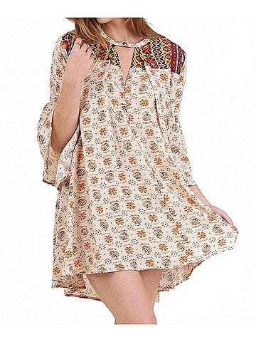 Umgee Floral Keyhole Bell Sleeve Dress in Taupe (view 2)