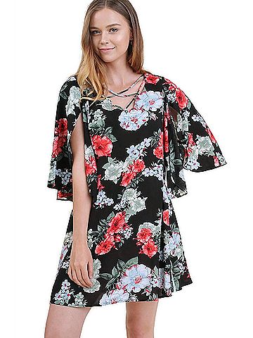 Umgee Floral Split Bell Sleeve Dress in Black (view 2)