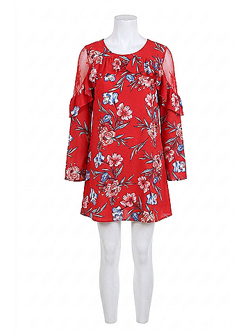 Umgee Ruffled Lace Floral Bell Sleeve Dress in Red (view 1)