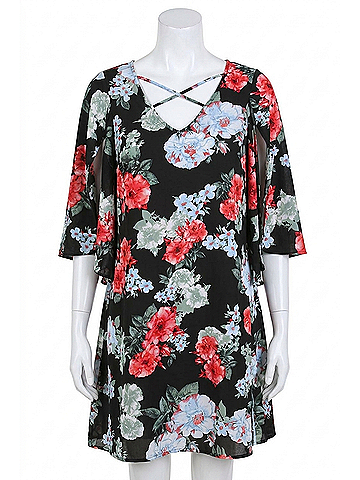 Umgee Floral Split Bell Sleeve Dress in Black (view 1)