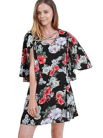 Umgee Floral Split Bell Sleeve Dress in Black (view 2)