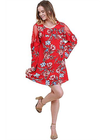 Umgee Ruffled Lace Floral Bell Sleeve Dress in Red (view 2)