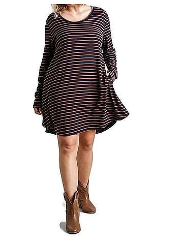 Umgee Striped Casual Dress in Navy / Brown (view 2)