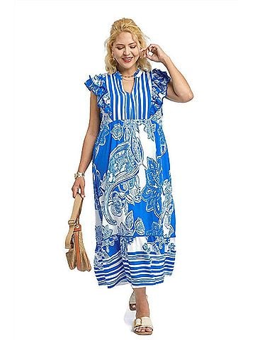 Umgee Mixed Print Two Tone Maxi Dress in Blue (view 2)