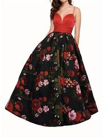Rachel Allan Floral Jacquard Ballgown in Red/Multi (view 2)
