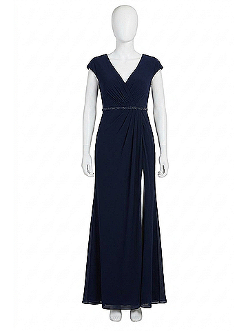 Mac Duggal Beaded Waist Cap Sleeve Dress Gown in Navy (view 1)