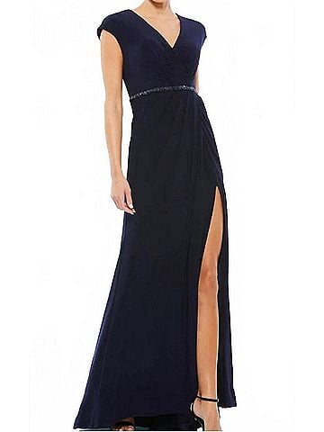 Mac Duggal Beaded Waist Cap Sleeve Dress Gown in Navy (view 2)