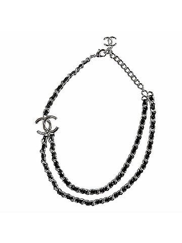 Chanel CHANEL B25P Coco Mark Leather Chain Necklace Choker Accessory, Silver & Black, Made in Italy, Women's (view 1)