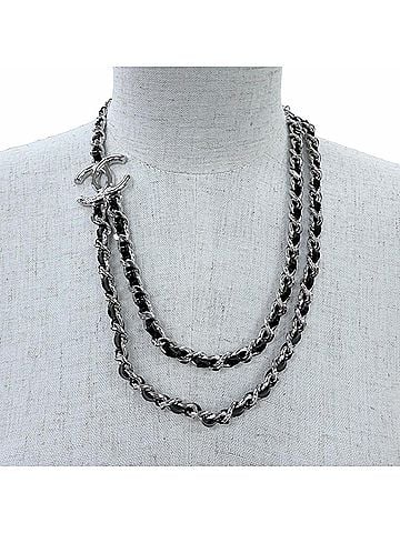 Chanel CHANEL B25P Coco Mark Leather Chain Necklace Choker Accessory, Silver & Black, Made in Italy, Women's (view 2)