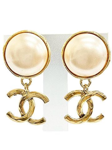 Chanel CHANEL Vintage 94A Coco Mark Faux Pearl Swing Earrings (Pair) Gold Made in France Women's (view 1)