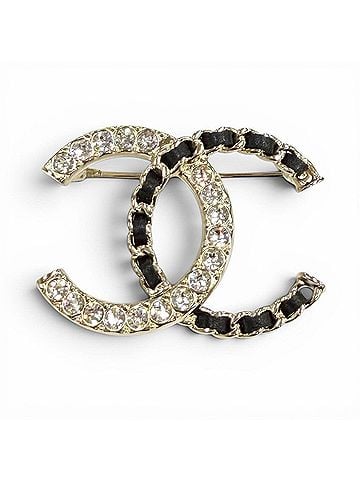Chanel CHANEL A25B Coco Mark Rhinestone Leather Chain Brooch, Gold and Black, Made in France, Women's, with Box Dust Bag. (view 1)