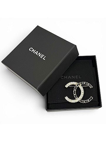 Chanel CHANEL A25B Coco Mark Rhinestone Leather Chain Brooch, Gold and Black, Made in France, Women's, with Box Dust Bag. (view 2)