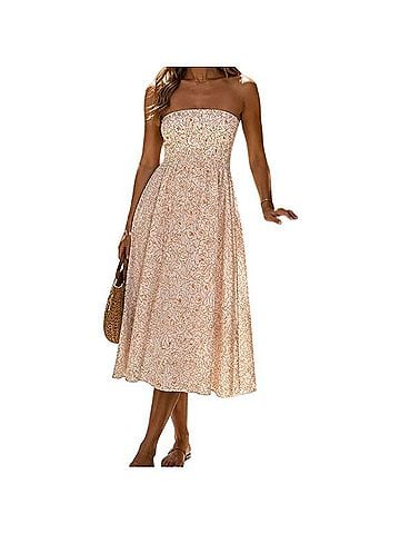 Faithfull the Brand Madella Strapless Smocked Midi in Martine Floral Orange  Casual Dress (view 1)