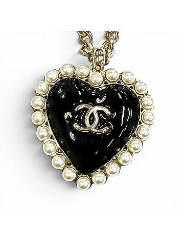 Chanel CHANEL B25 Coco Mark Pearl Heart Pendant Necklace, Black, White, Gold Hardware, Made in Italy, Women's, with Box and Dust Bag. (view 1)