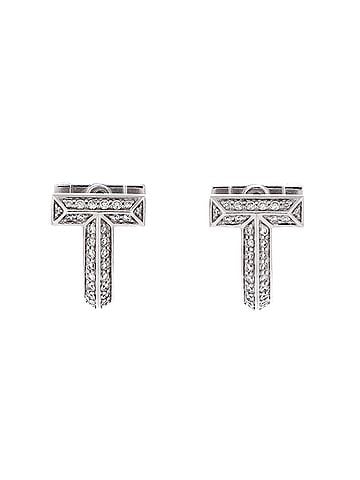 Tiffany & Co. T1 Huggie Hoop Earrings 18K White Gold with Half Pave Diamonds (view 1)