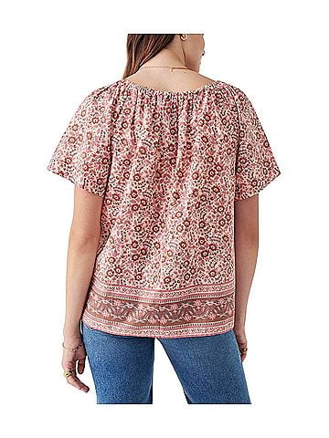 Faherty Florence Peasant Earth Block Print Short Sleeve Blouse (view 2)