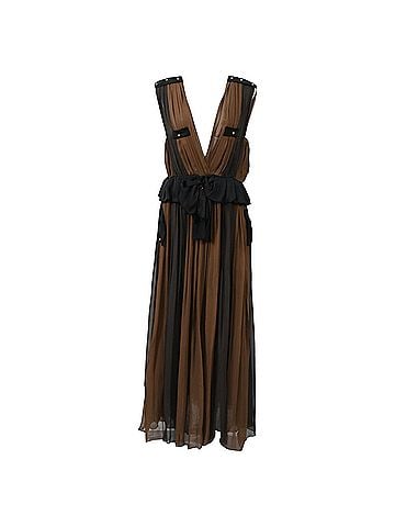 Chloé  Chloé Pleated Deep Neck Maxi Dress in Brown and Black Silk Chiffon (view 1)