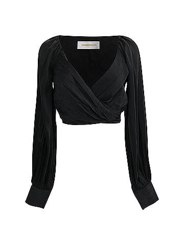 Zimmermann Zimmermann Long Sleeve Wrap Cropped Top in Black Silk (view 1)