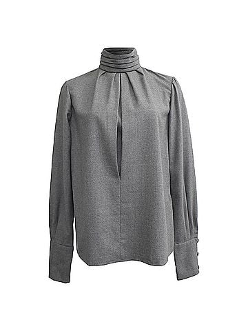 Chloé  Chloé Pleated Neckline Long Sleeve Blouse in Grey Wool (view 1)