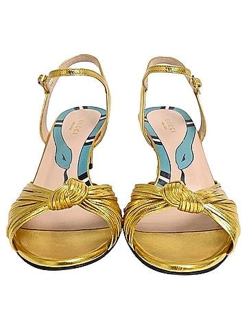 Gucci Gucci Snake-Print Ankle Strap Sandal Heels in Metallic Gold Leather (view 2)