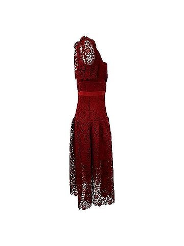 Self-Portrait Self-Portrait Guipure Cord Lace Midi Dress in Red Polyester (view 2)