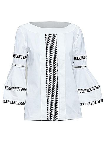 Oscar De La Renta OSCAR DE LA RENTA P17 cream black scallop trim flared sleeve top US4 S (view 1)