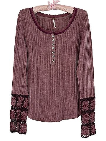 Free People NWOT 2019 Mauve Pink Crochet Sequined Cuff Henley Thermal | Cottagecore Fairy Grunge Coquette Boho Casual Shirts (view 2)