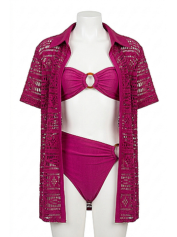 PatBO Crochet Short Sleeve Top in Magenta (view 1)