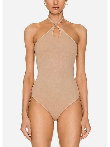 Enza Costa Stretch Silk Knit Keyhole Halter Bodysuit in Oat Milk (view 2)