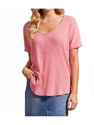 Tribal Waffle Weave V-Neck Tee Top in Pink (view 2)