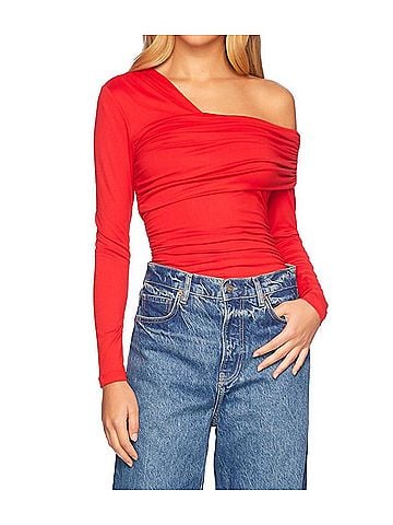 Susana Monaco One Arm Off Shoulder Gathered Top in Perfect Red (view 2)
