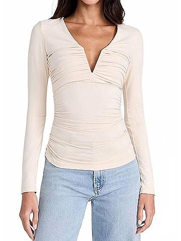 Susana Monaco V-Neck Gathered Long Sleeve Top in Belgian Creme (view 2)