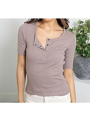 Bobi Fitted Henley Top in Mushroom (view 2)