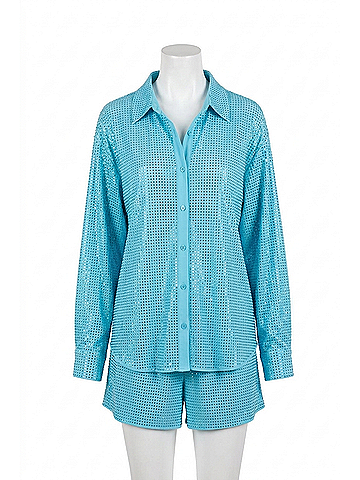 Self-Portrait Rhinestone Taffeta Oversized Shirt in Blue (view 1)