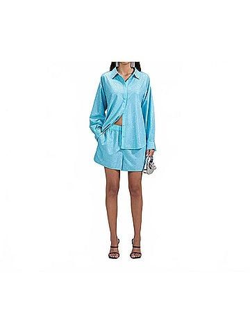 Self-Portrait Rhinestone Taffeta Oversized Shirt in Blue (view 2)