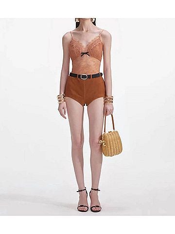 Self-Portrait Women's Dot Mesh Bodysuit in Tan (view 2)