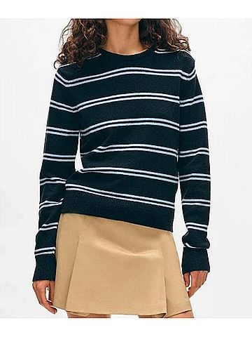 White + Warren Fine Cotton Boucle Stripe Crewneck Sweatshirt in Deep Navy/Pastel Blue (view 2)