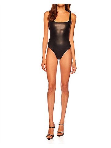 Susana Monaco Faux Leather Low Back Tank Bodysuit in Black (view 2)