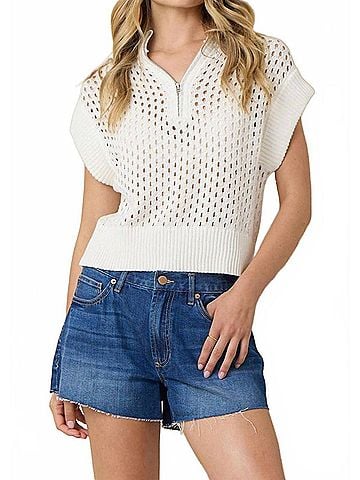 Vintage Havana Open Knit Short Sleeve Quarter Zip Sweater in White (view 2)