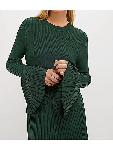 Zimmermann Bell Sleeve Rib Sweater in Dark Green (view 2)